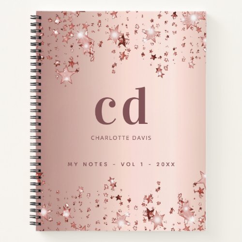 Rose gold blush monogram initials stars notebook