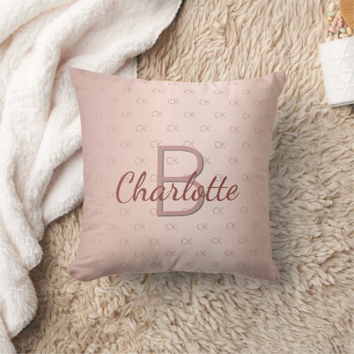 Rose gold blush monogram name script throw pillow