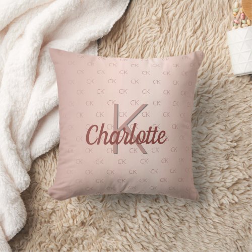 Rose gold blush monogram name script  throw pillow