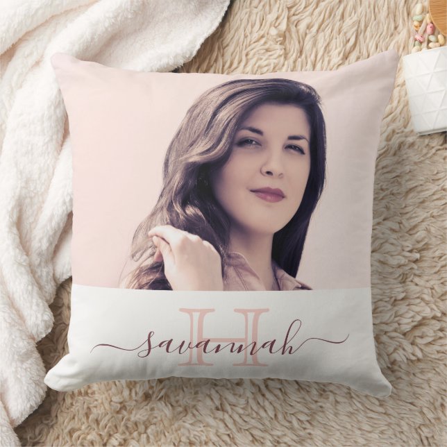 Rose gold blush monogram photo script throw pillow (Blanket)