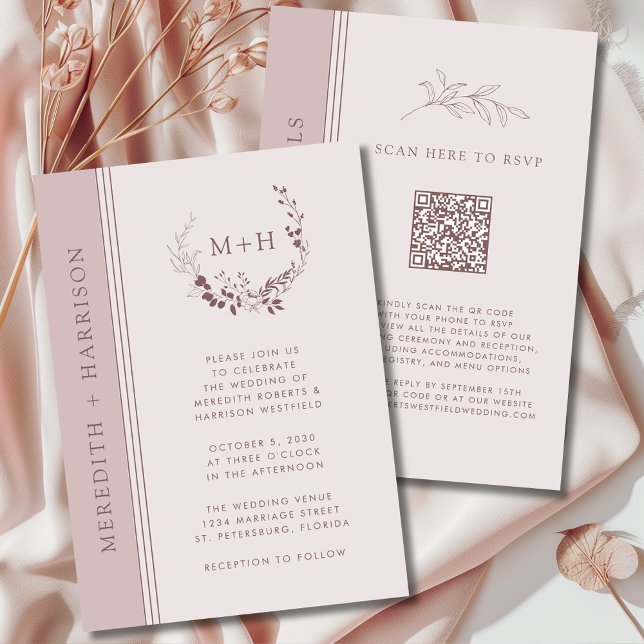 Rose Gold Blush Monogram QR Code Wedding Invitation (Rose Gold Blush Monogram Wreath All in One QR Code Wedding Invitation)