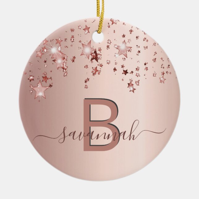 Rose gold blush monogram stars ceramic ornament (Front)