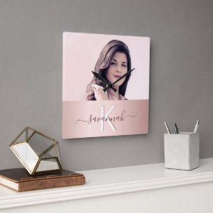 Rose gold blush name monogram photo glamorous square wall clock