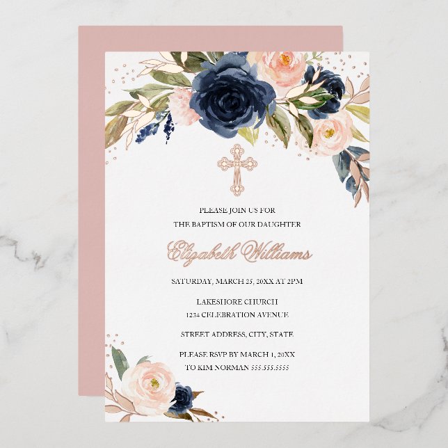 Rose Gold Blush Navy Floral Girl Baptism Foil Invitation (Front/Back)