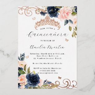 Rose Gold Blush Navy Floral Swirl Quinceanera Foil Invitation