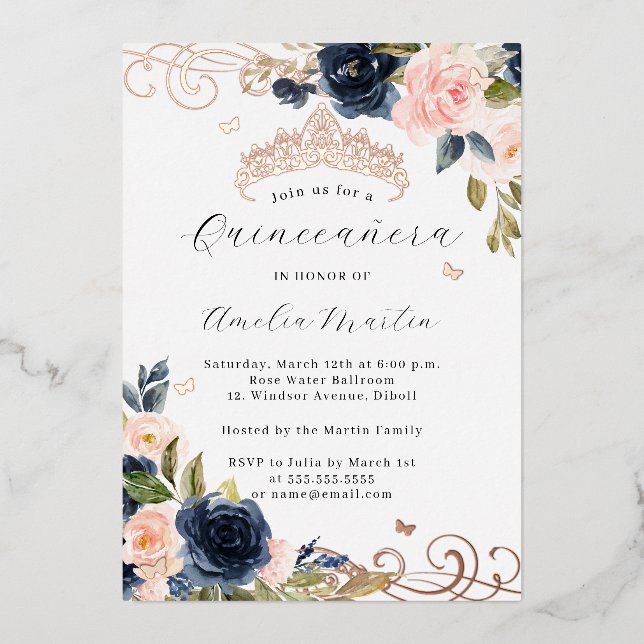 Rose Gold Blush Navy Floral Swirl Quinceanera   Foil Invitation (Front)
