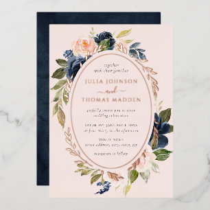 Rose Gold Blush Navy Wedding Floral Foliage  Foil Invitation