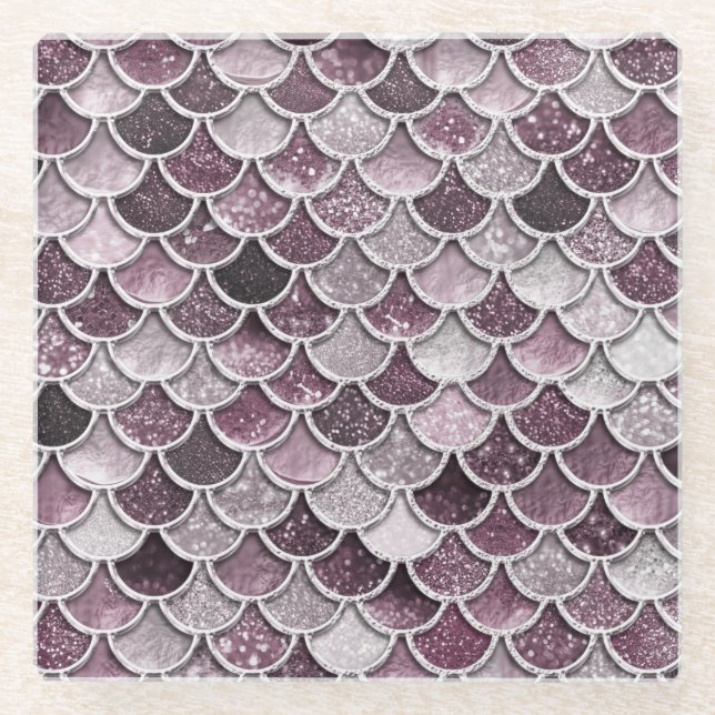 Rose Gold Blush Ombre Glitter Mermaid Scales Glass Coaster (Front)
