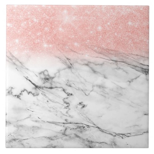 Rose Gold Blush Ombre Glitter on Trendy Marble Ceramic Tile