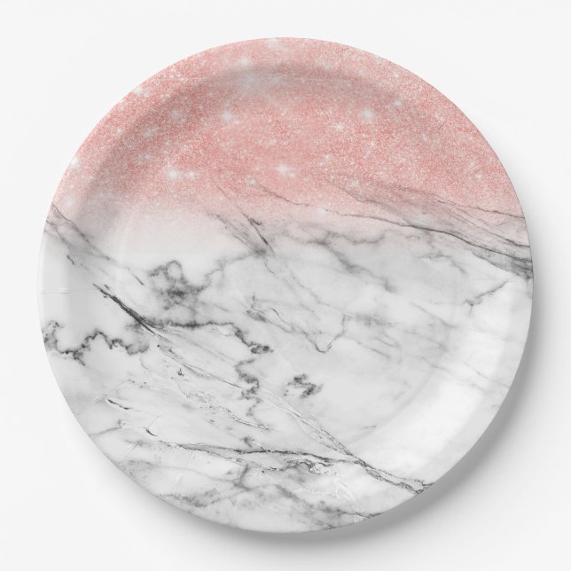 Rose Gold Blush Ombre Glitter on Trendy Marble Paper Plates (Front)