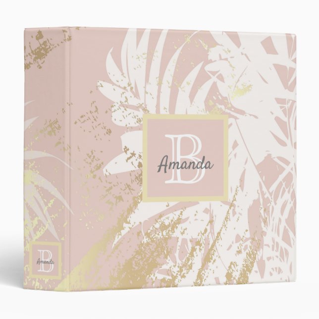Rose gold blush palm leaves monogram 3 ring binder (Front/Spine)