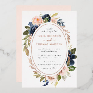 Rose Gold Blush Peach Navy Floral Wedding  Foil Invitation