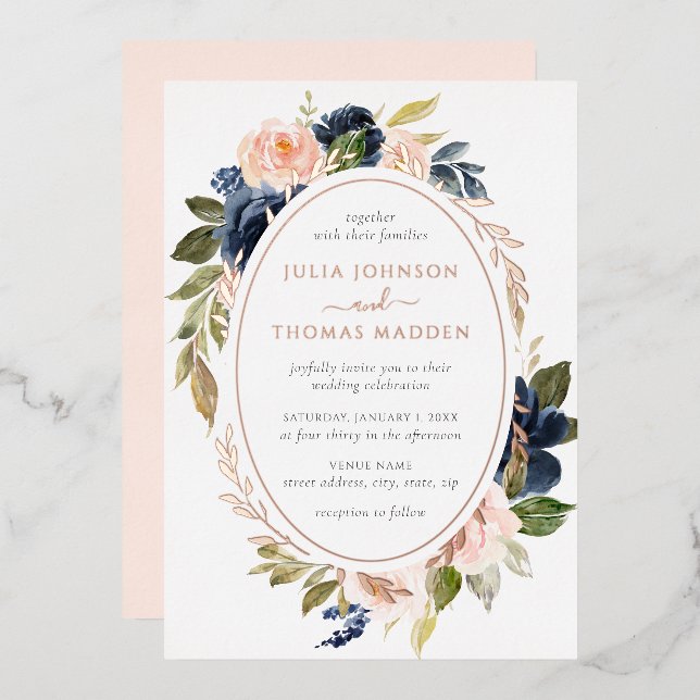 Rose Gold Blush Peach Navy Floral Wedding  Foil Invitation (Front/Back)