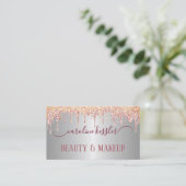 Rose Gold Blush Peach Pink Sparkles Drip Silver Business Card (Standing Front)