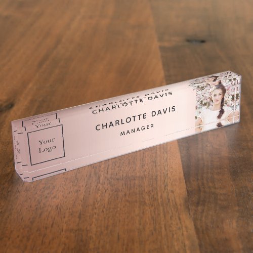 Rose gold blush photo business logo desk name plate