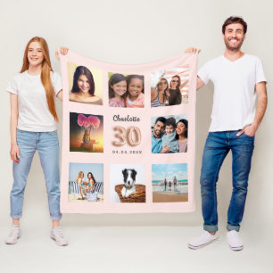 Rose gold blush photo collage name 30th birthday fleece blanket