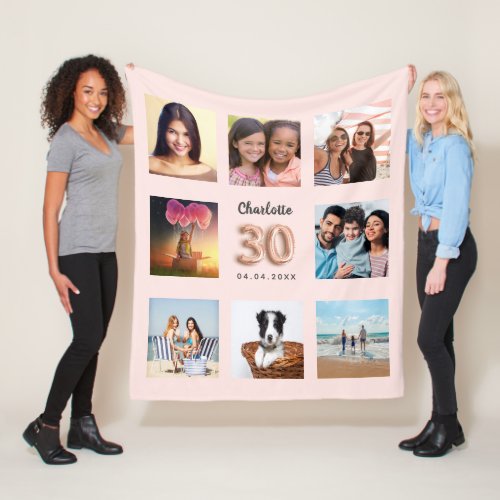 Rose gold blush photo collage name 30th birthday fleece blanket