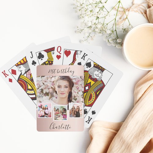 Rose gold blush photo collage name birthday party poker cards