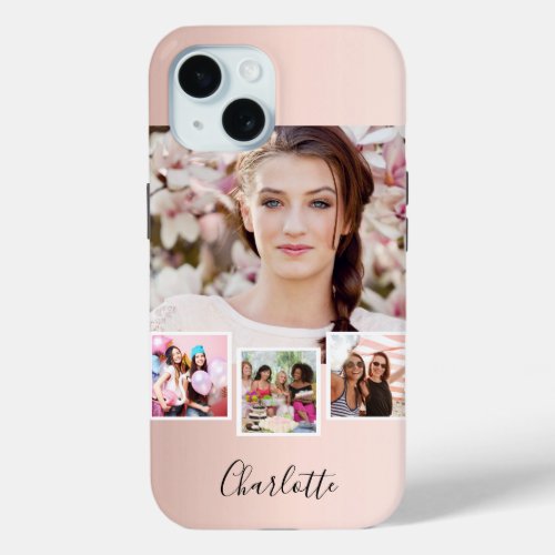 Rose gold blush photo collage name iPhone 15 case