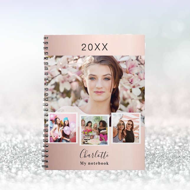 Rose gold blush photo collage name notebook (Creator Uploaded)