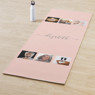 Rose gold blush photo collage name script yoga mat