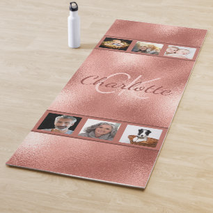Rose gold blush photo collage name yoga mat