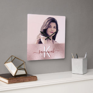 Rose gold blush photo monogram minimalist modern square wall clock