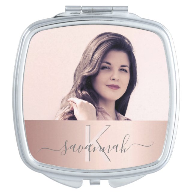 Rose gold blush photo monogram  name modern compact mirror (Front)