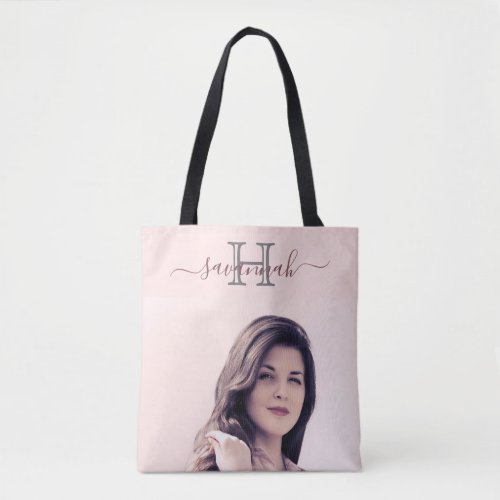 Rose gold blush photo monogram name tote bag