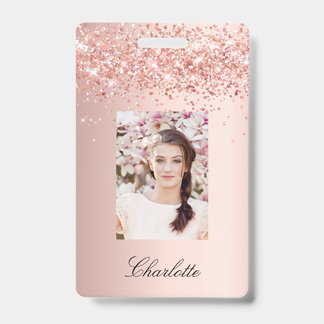 Rose gold  blush photo name badge (Front)