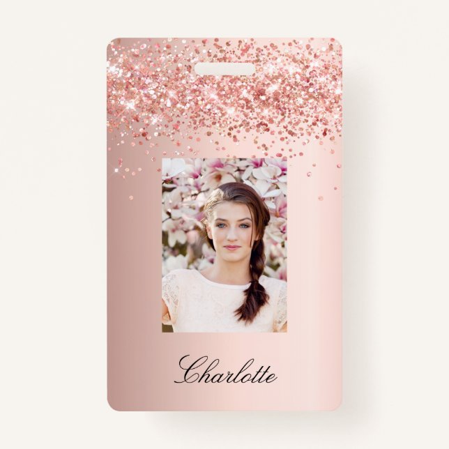 Rose gold  blush photo name badge (Front)