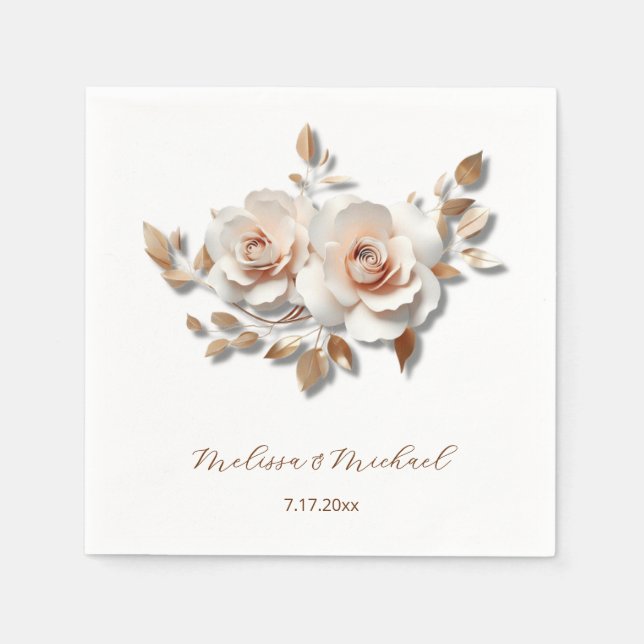 Rose Gold Blush Pink 3D Roses Your Names Wedding Napkins (Front)