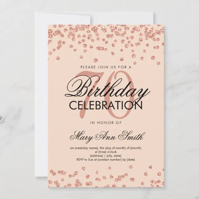 Rose Gold Blush Pink 70 Birthday Glitter Confetti Invitation | Zazzle