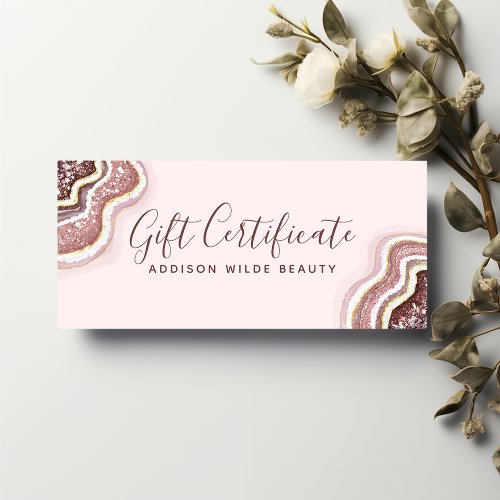 Rose Gold Blush Pink Agate Geode Gift Certificate