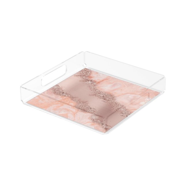 Rose Gold Blush Pink Agate Geode Glitter  Acrylic Tray (Angled)