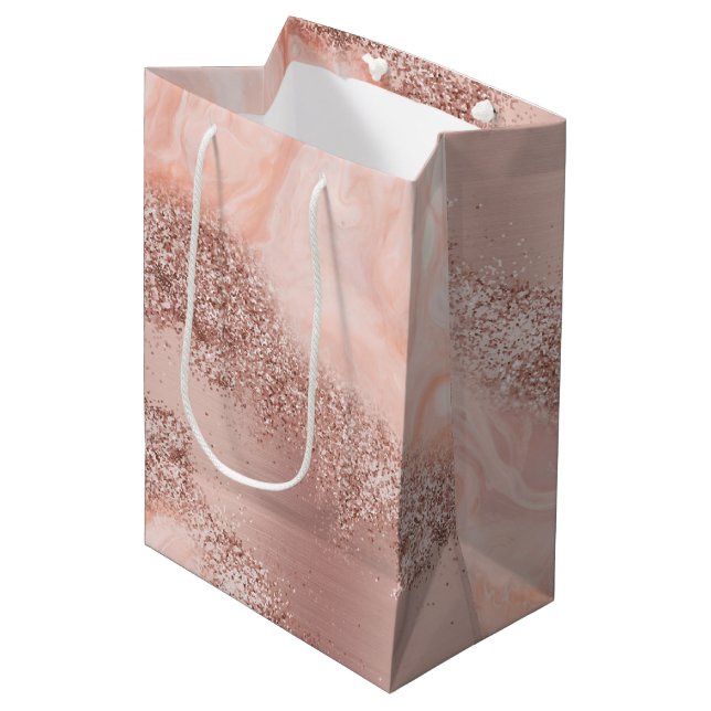 Rose Gold Blush Pink Agate Geode Glitter Medium Gift Bag (Front Angled)