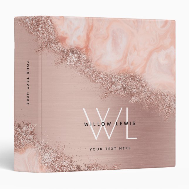 Rose Gold Blush Pink Agate Geode Glitter Monogram 3 Ring Binder (Front/Spine)