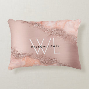 Rose Gold Blush Pink Agate Geode Glitter Monogram Accent Pillow