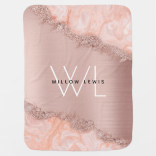 Rose Gold Blush Pink Agate Geode Glitter Monogram Baby Blanket