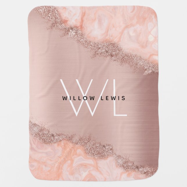 Rose Gold Blush Pink Agate Geode Glitter Monogram Baby Blanket (Front)