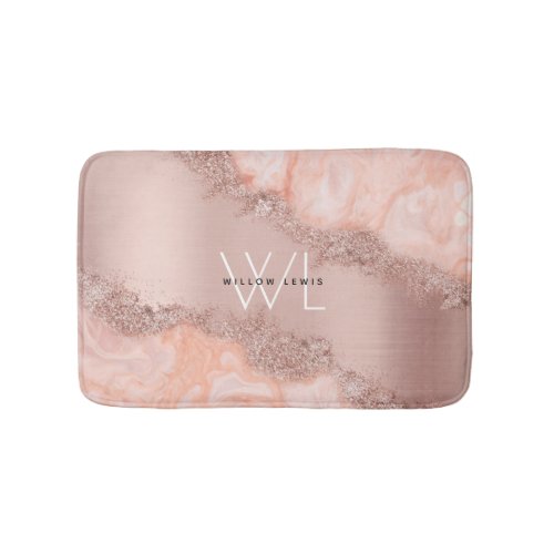 Rose Gold Blush Pink Agate Geode Glitter Monogram Bath Mat