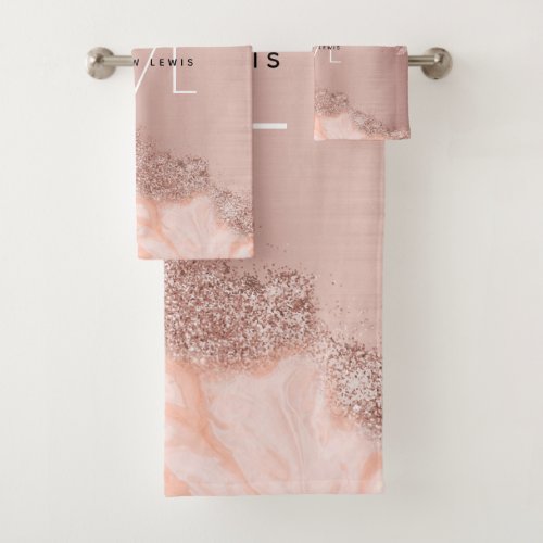 Rose Gold Blush Pink Agate Geode Glitter Monogram Bath Towel Set