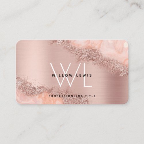 Rose Gold Blush Pink Agate Geode Glitter Monogram  Business Card