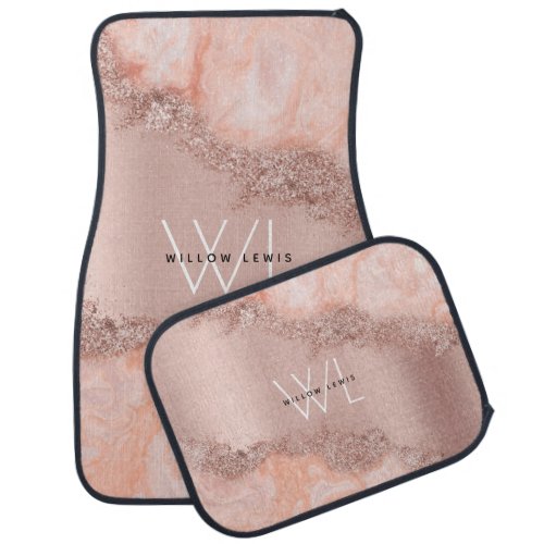 Rose Gold Blush Pink Agate Geode Glitter Monogram Car Floor Mat