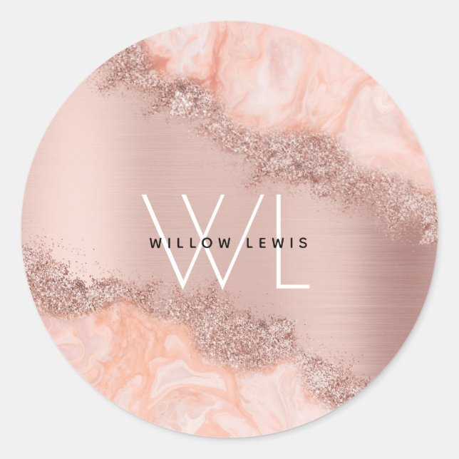Rose Gold Blush Pink Agate Geode Glitter Monogram  Classic Round Sticker (Front)