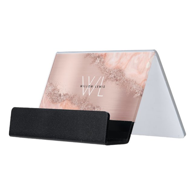 Rose Gold Blush Pink Agate Geode Glitter Monogram Desk Business Card Holder (Angled Front)