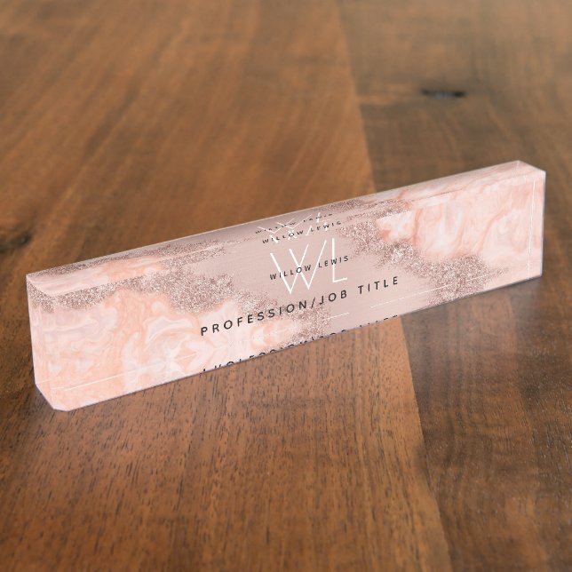 Rose Gold Blush Pink Agate Geode Glitter Monogram Desk Name Plate (Side)
