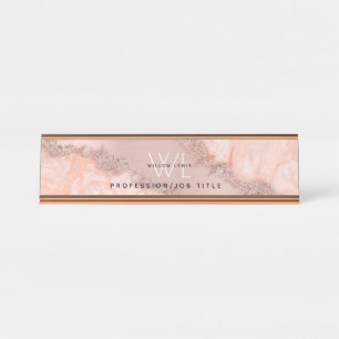 Rose Gold Blush Pink Agate Geode Glitter Monogram Desk Name Plate