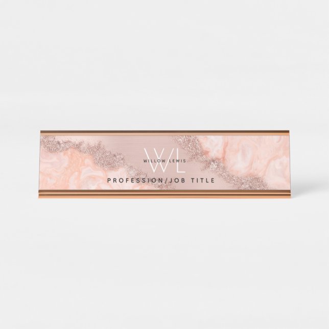 Rose Gold Blush Pink Agate Geode Glitter Monogram Desk Name Plate (Front)