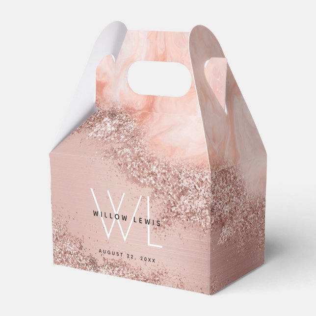 Rose Gold Blush Pink Agate Geode Glitter Monogram Favor Boxes (Front Side)